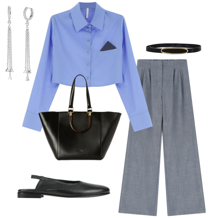 Outfit donna - Total look #2112210. Stile Glamour per Ufficio. Abbinamento con ballerine, orecchini, pantaloni, camicie, cinture, shopping bag.