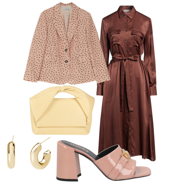 Outfit donna - Accessori statement. Stile Glamour per Tutti i giorni. Abbinamento con vestiti midi/longuette, borse a mano, sandali in pelle, orecchini, blazer.