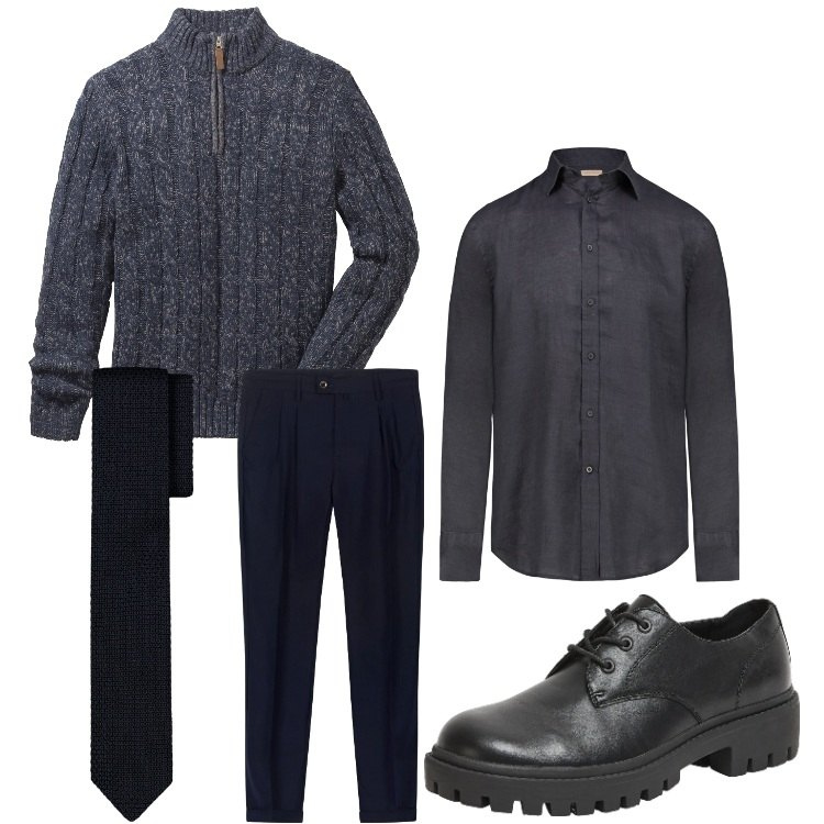 Outfit uomo - Tono su tono. Stile Business/Elegante per Ufficio. Abbinamento con maglieria, scarpe stringate, camicie, pantaloni, cravatte.