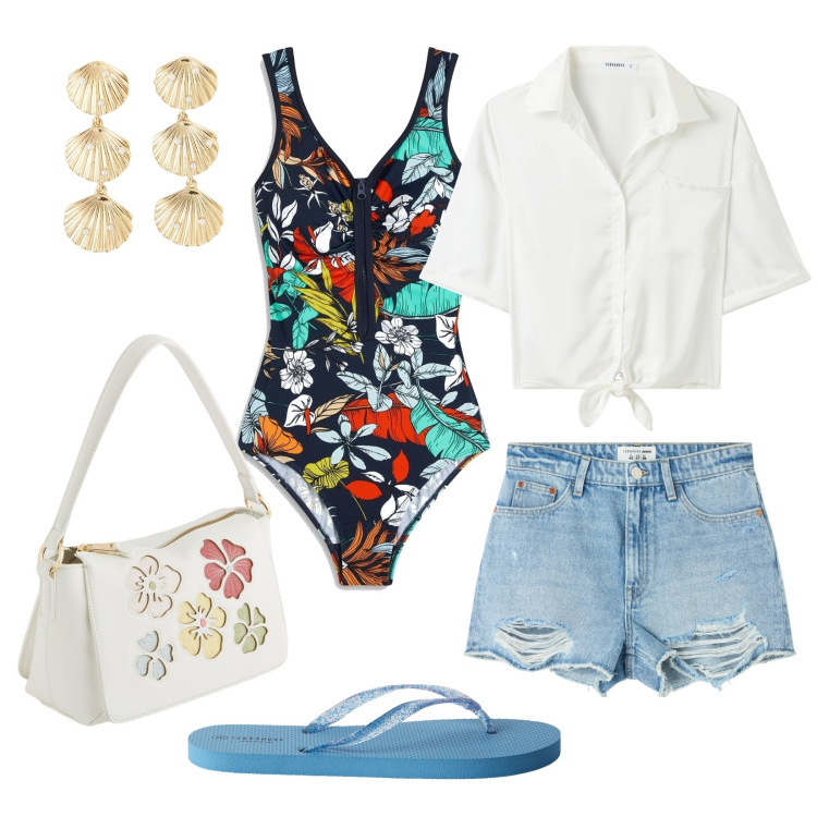 Outfit donna - Mare Fantasia. Stile Casual per Mare. Abbinamento con costumi interi, shorts, orecchini, infradito, camicie a manica corta, borse a tracolla.