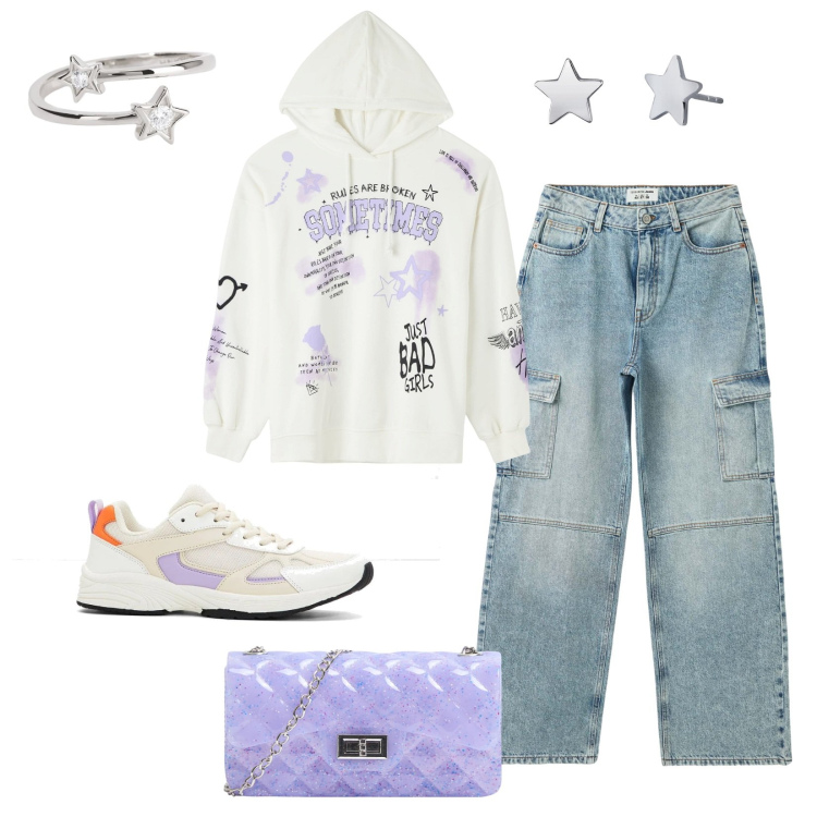 Outfit donna - Comodità Lilla. Stile Urban per Scuola/Università. Abbinamento con sneakers, felpe con cappuccio, borse a tracolla, jeans, orecchini, anelli.