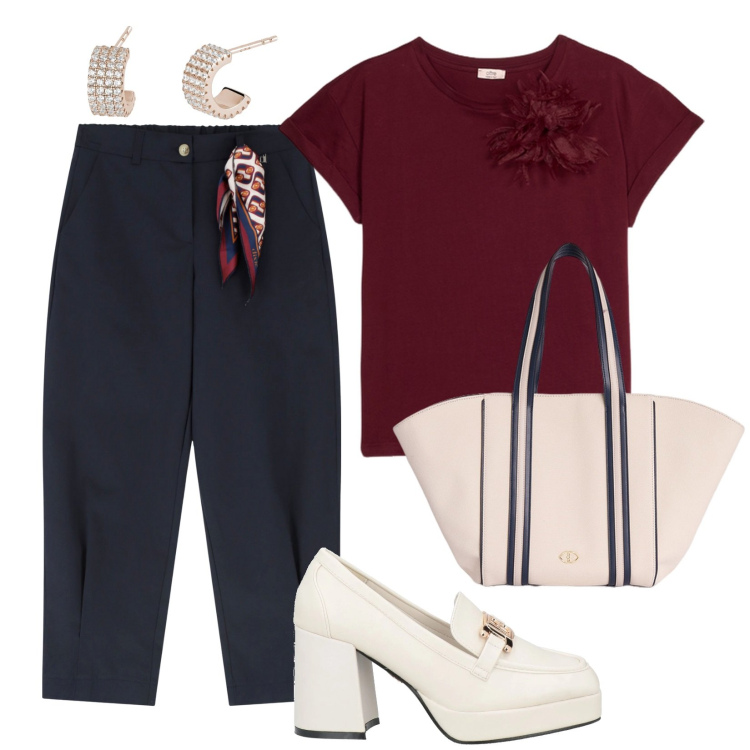 Outfit donna - Sporty chic. Stile Sporty chic per Ufficio. Abbinamento con mocassini, orecchini, pantaloni chino, t-shirt, shopping bag.