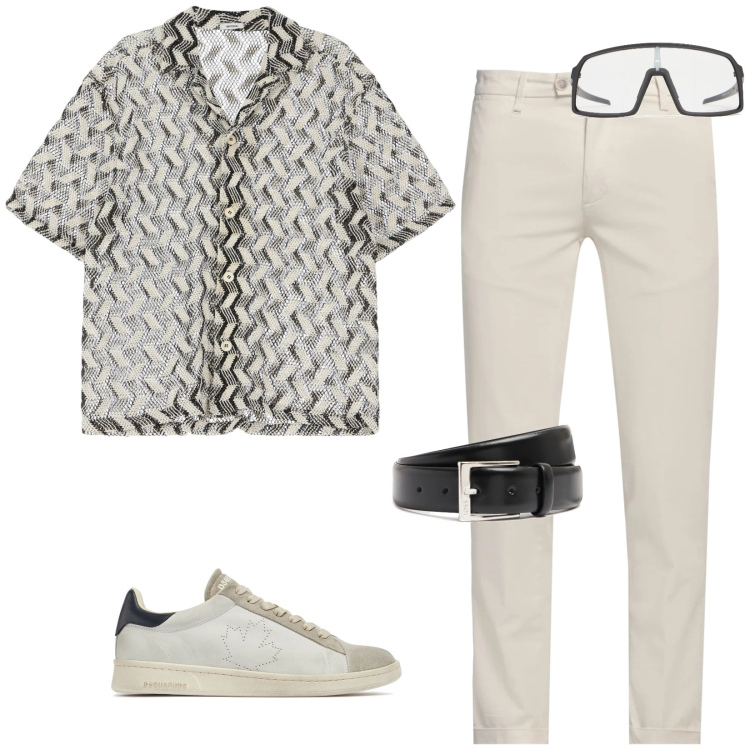 Outfit uomo - Camicia geometrica. Stile Casual per Tutti i giorni. Abbinamento con camicie a manica corta, pantaloni chino, cinture, sneakers, occhiali da sole.