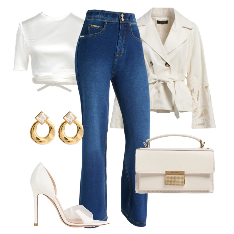 Outfit donna - Aperitivo in corso. Stile Casual chic per Serata fuori. Abbinamento con blazer, top, décolleté, jeans, borse a mano, orecchini.