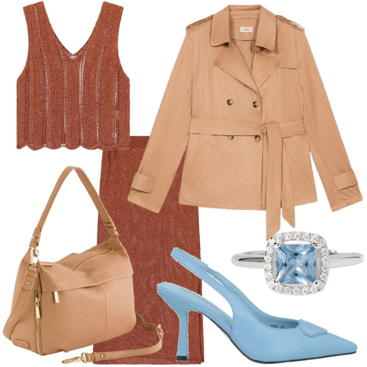 Outfit donna - L\'anello brillante. Stile Minimal per Tutti i giorni. Abbinamento con décolleté, anelli, top, gonne longuette, trench, borse a tracolla.