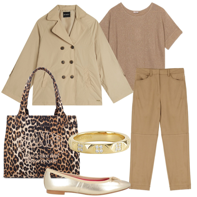 Outfit donna - Animalier. Stile Glamour per Tutti i giorni. Abbinamento con ballerine, anelli, pantaloni chino, trench, maglieria, shopping bag.