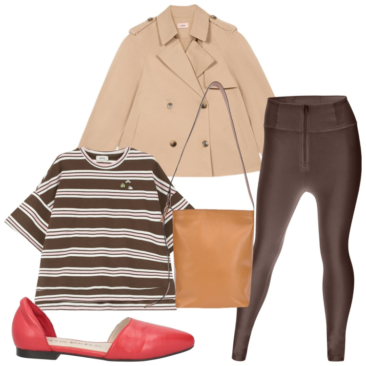 Outfit donna - Righe cioccolato. Stile Glamour per Tutti i giorni. Abbinamento con ballerine, pantaloni skinny, t-shirt, trench, borse a secchiello.