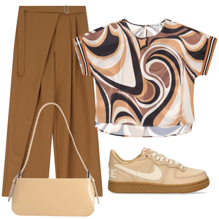 Outfit donna - Total look #2112250. Stile Sporty chic per Ufficio. Abbinamento con borse a spalla, bluse, pantaloni a palazzo, sneakers.