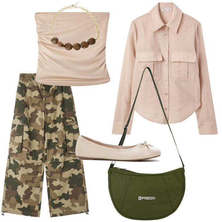 Outfit donna - Stile military. Stile Military per Tutti i giorni. Abbinamento con ballerine, camicie, pantaloni cargo, top, borse a spalla, collane.