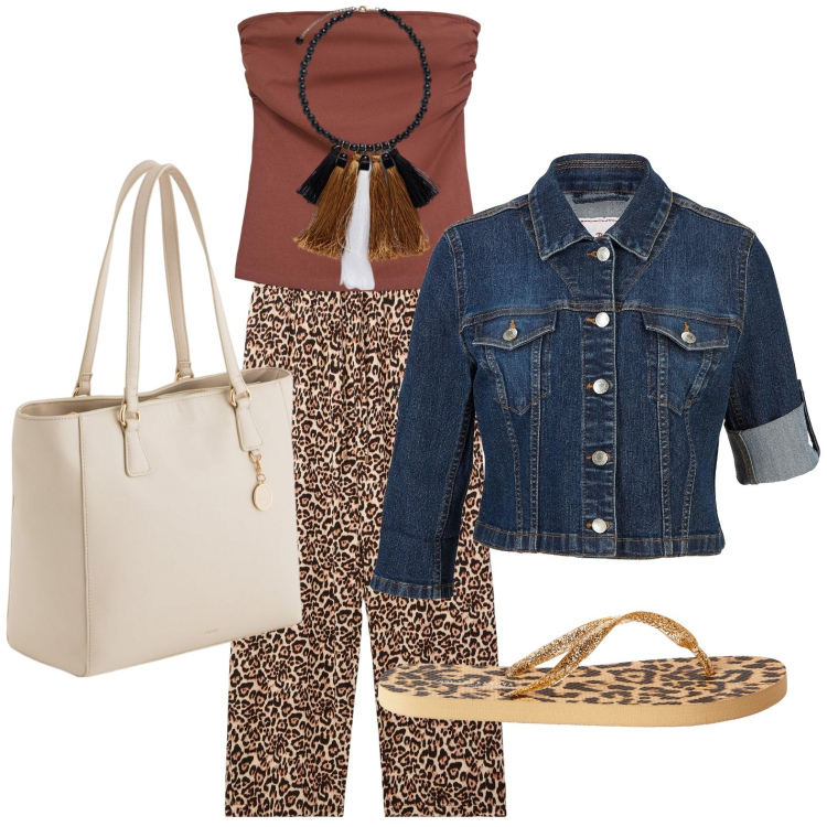 Outfit donna - Etnico chic. Stile Etnico per Tutti i giorni. Abbinamento con blazer, pantaloni, infradito, top, shopping bag, collane.