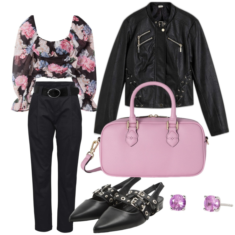 Outfit donna - La blusa a fiori. Stile Basic per Tutti i giorni. Abbinamento con pantaloni, blazer, bluse, sabot, orecchini, borse a mano.