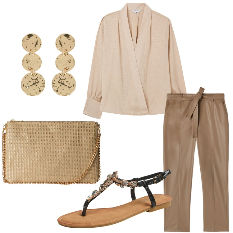 Outfit donna - Toni neutri. Stile Minimal per Serata fuori. Abbinamento con borse a tracolla, bluse, sandali gioiello, pantaloni, orecchini.