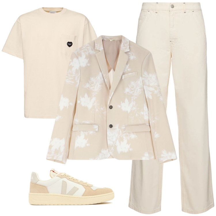 Outfit uomo - Tra il cipria ed il sabbia. Stile Casual per Tutti i giorni. Abbinamento con giacche, pantaloni, t-shirt, sneakers.