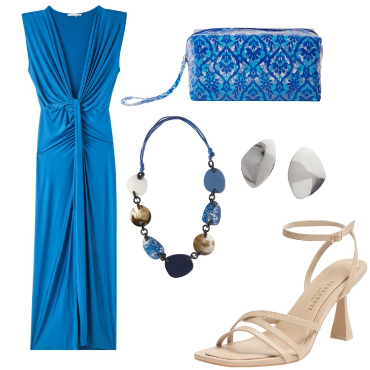 Outfit donna - Matrimonio in blu. Stile Chic per Cerimonia. Abbinamento con pochette, vestiti lunghi, sandali col tacco, collane, orecchini.