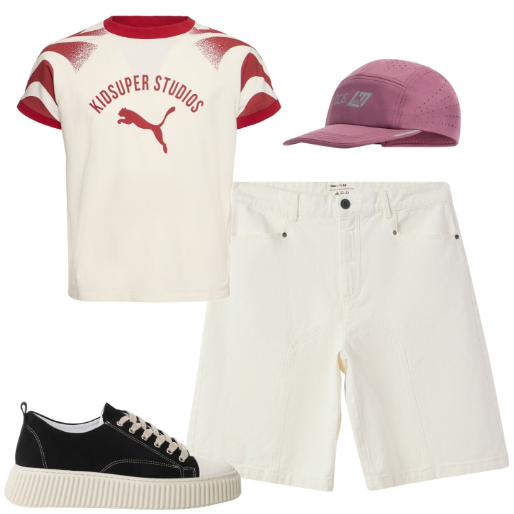 Outfit uomo - City. Stile Casual per Tutti i giorni. Abbinamento con bermuda, cappelli, sneakers, t-shirt.