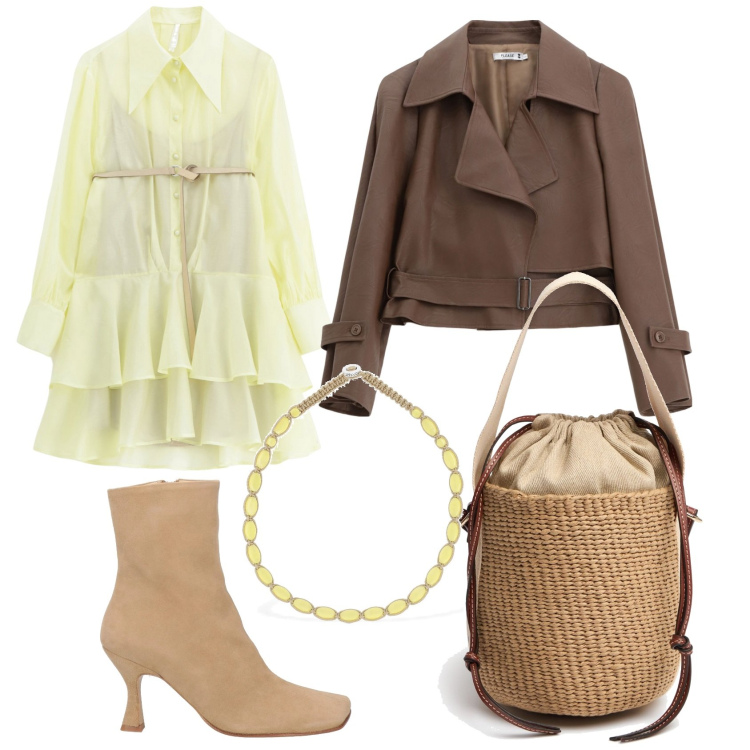 Outfit donna - L\'abito chemisier. Stile Casual chic per Serata fuori. Abbinamento con stivaletti, blazer, vestiti corti, collane, borse a mano.