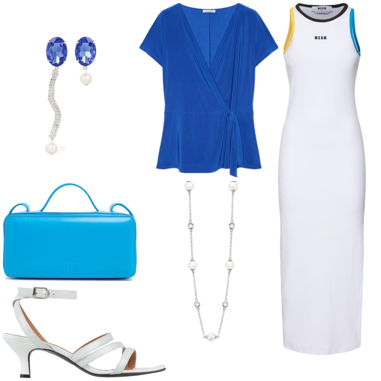 Outfit donna - Total look #2112275. Stile Casual chic per Tutti i giorni. Abbinamento con sandali in pelle, collane, bluse, orecchini, borse a spalla, vestiti midi/longuette.