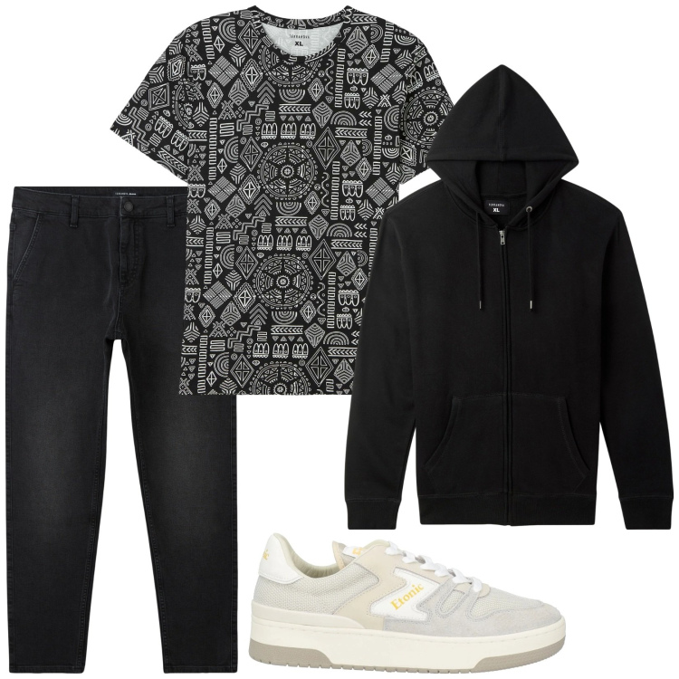 Outfit uomo - Stampa geometrica. Stile Urban per Tutti i giorni. Abbinamento con sneakers, t-shirt, jeans, felpe con cappuccio.
