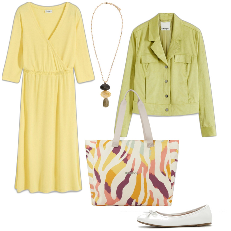 Outfit donna - Tonalità sorbetto. Stile Basic per Tutti i giorni. Abbinamento con ballerine, blazer, vestiti, shopping bag, collane.
