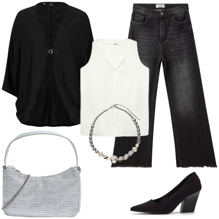 Outfit donna - Total look #2112282. Stile Casual chic per Ufficio. Abbinamento con cardigans, décolleté, jeans, borse a tracolla, top, collane.
