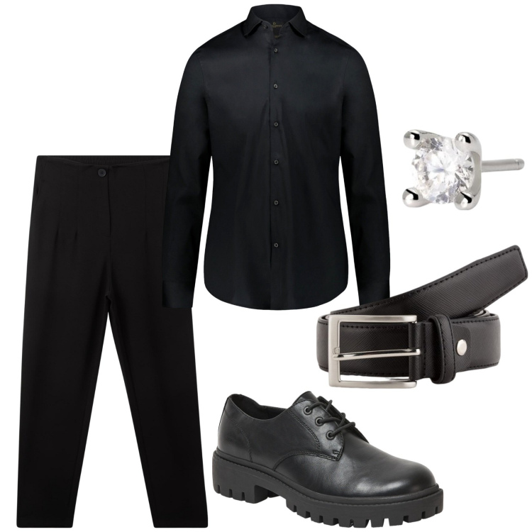 Outfit uomo - Nero totale. Stile Business/Elegante per Serata speciale. Abbinamento con pantaloni chino, scarpe stringate, orecchini, camicie, cinture.