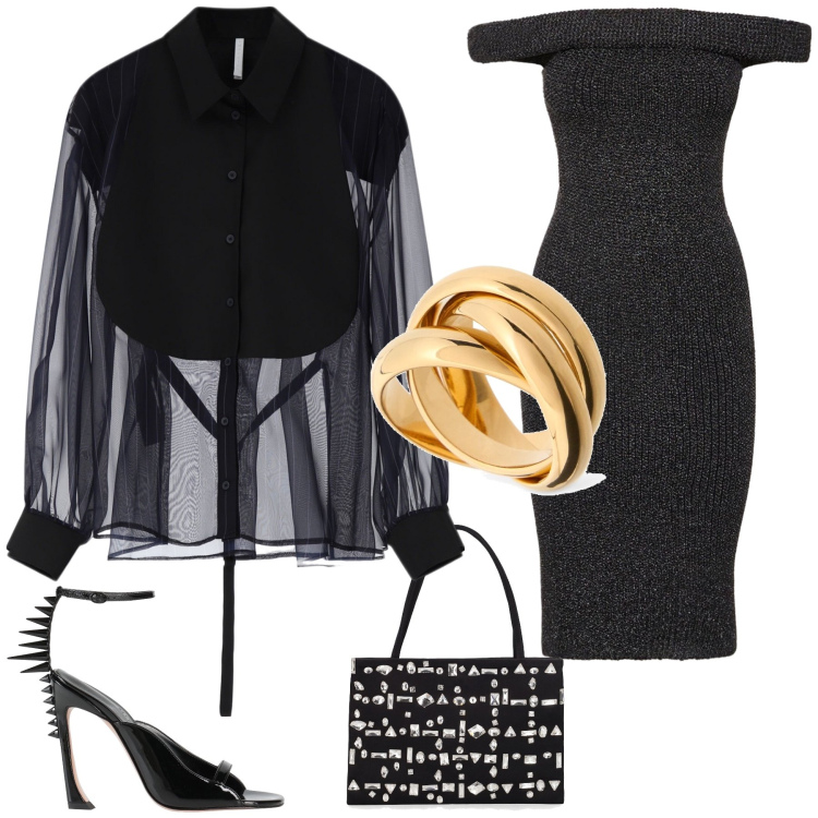 Outfit donna - Totale black. Stile Chic per Serata fuori. Abbinamento con sandali col tacco, camicie, vestiti midi/longuette, borse a spalla, anelli.
