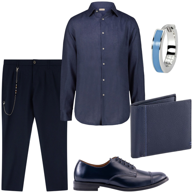 Outfit uomo - Total blue. Stile Business/Elegante per Serata speciale. Abbinamento con orecchini, pantaloni, camicie, portafogli, scarpe stringate.