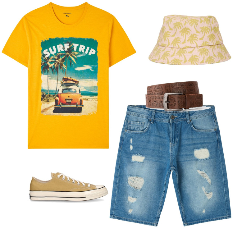 Outfit uomo - Voglia di mare. Stile Trendy per Mare. Abbinamento con cinture, cappelli con visiera, shorts, t-shirt, sneakers.