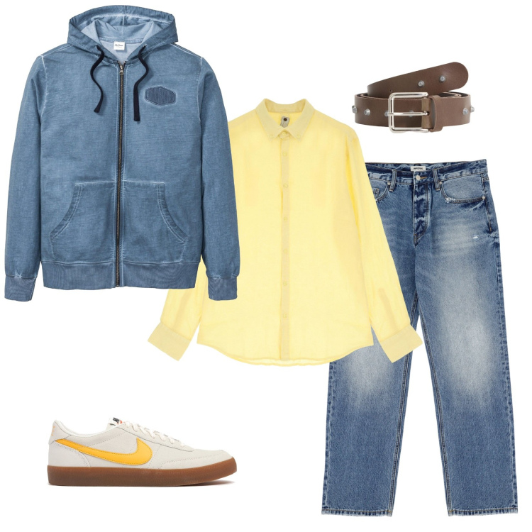 Outfit uomo - Giallo limone. Stile Casual per Tutti i giorni. Abbinamento con jeans, camicie, cinture, felpe con cappuccio, sneakers.
