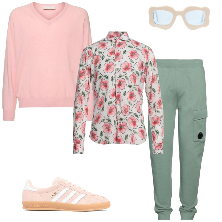 Outfit uomo - Fiori rosa. Stile Trendy per Tutti i giorni. Abbinamento con camicie, pantaloni, sneakers, occhiali da sole, pullovers.