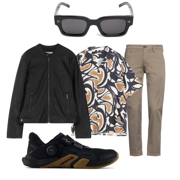 Outfit uomo - Stiloso con gli amici al bar. Stile Trendy per Tutti i giorni. Abbinamento con pantaloni chino, sneakers, giacche, camicie a manica corta, occhiali da sole.