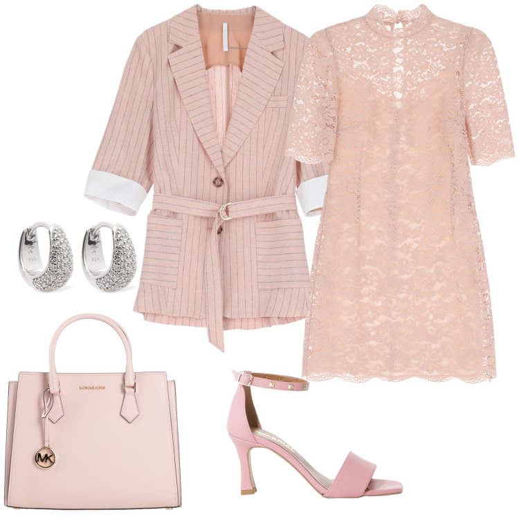 Outfit donna - Rosa. Stile Romantica per Serata fuori. Abbinamento con borse a mano, vestiti corti, sandali col tacco, blazer, orecchini.