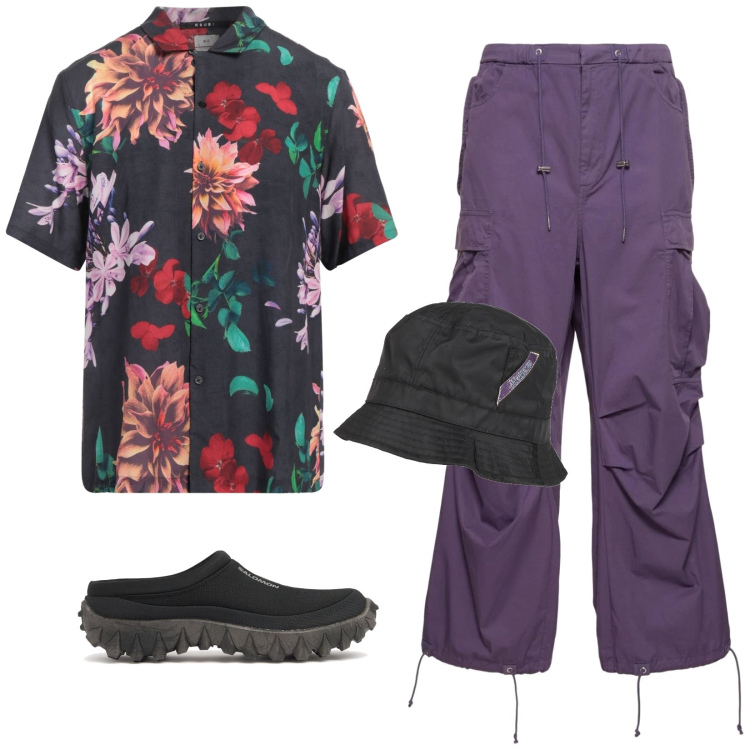 Outfit uomo - Ispirazione dal sol levante. Stile Trendy per Tutti i giorni. Abbinamento con cappelli, camicie a manica corta, pantaloni cargo, pantofole.