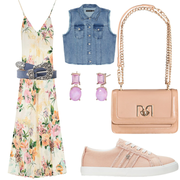 Outfit donna - Un pomeriggio di primavera. Stile Romantica per Tutti i giorni. Abbinamento con orecchini, borse a tracolla, vestiti lunghi, cinture, sneakers, gilet.