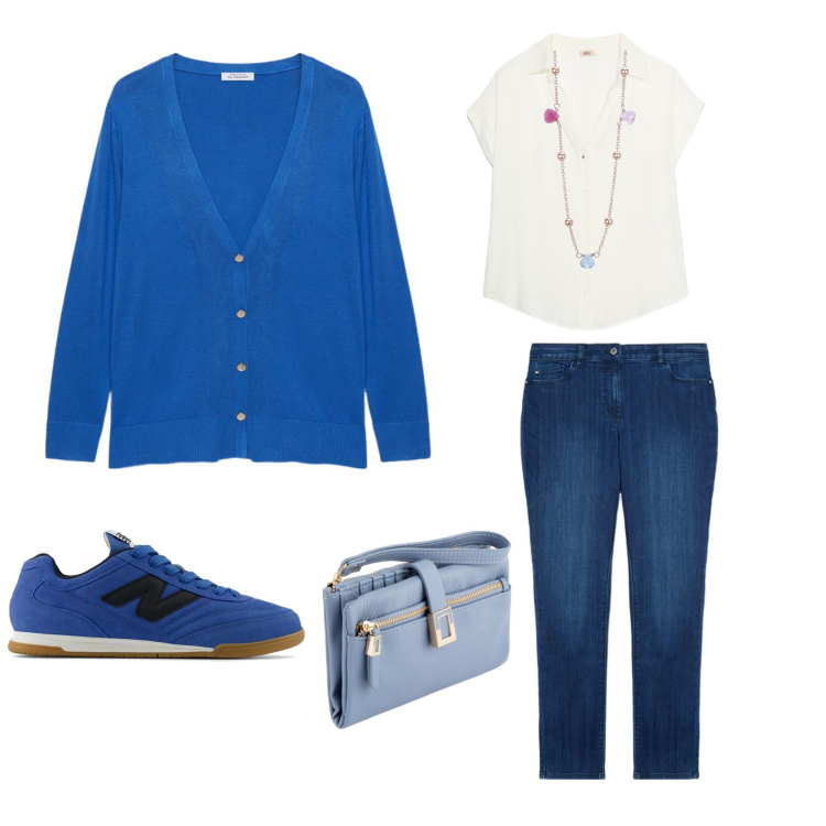 Outfit donna - Nel blu. Stile Casual per Tutti i giorni. Abbinamento con collane, sneakers, jeans skinny, cardigans, portafogli, camicie a manica corta.