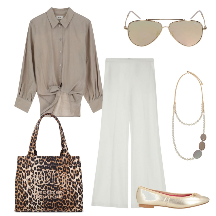 Outfit donna - Total look #2112341. Stile Casual chic per Tutti i giorni. Abbinamento con ballerine, pantaloni, camicie, occhiali da sole, shopping bag, collane.