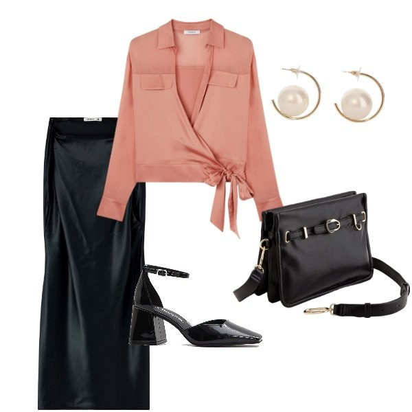 Outfit donna - Serata tra amici. Stile Casual chic per Serata fuori. Abbinamento con décolleté, vestiti corti, orecchini, camicie, borse a tracolla.