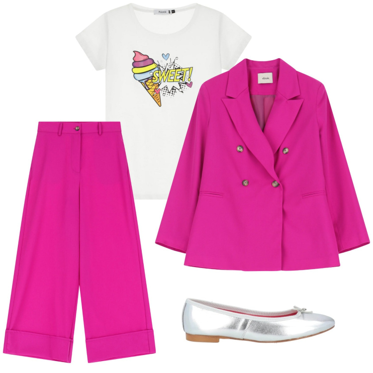 Outfit donna - Completo fragola. Stile Glamour per Tutti i giorni. Abbinamento con ballerine, t-shirt, pantaloni a palazzo, blazer.