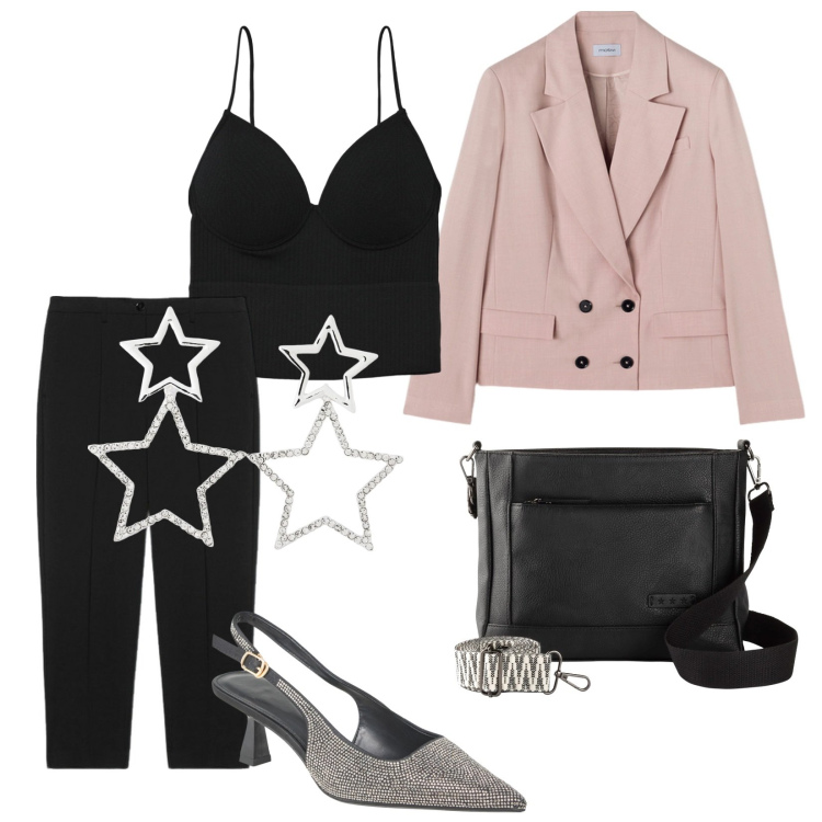 Outfit donna - Total look #2112353. Stile Chic per Serata fuori. Abbinamento con borse a tracolla, top, orecchini, décolleté, blazer, pantaloni.