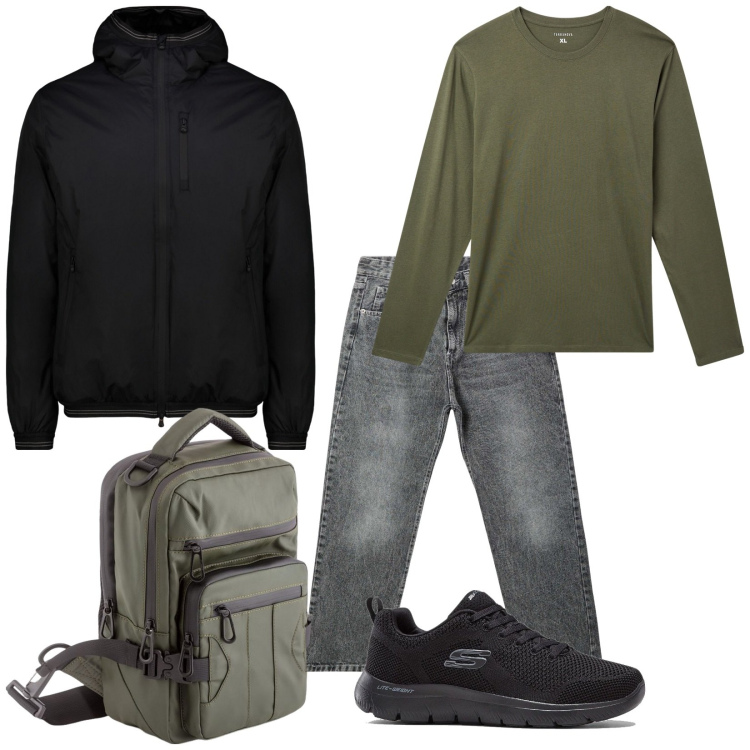 Outfit uomo - Total look #2112354. Stile Urban per Tutti i giorni. Abbinamento con sneakers, t-shirt, jeans, giacche, borse sportive.