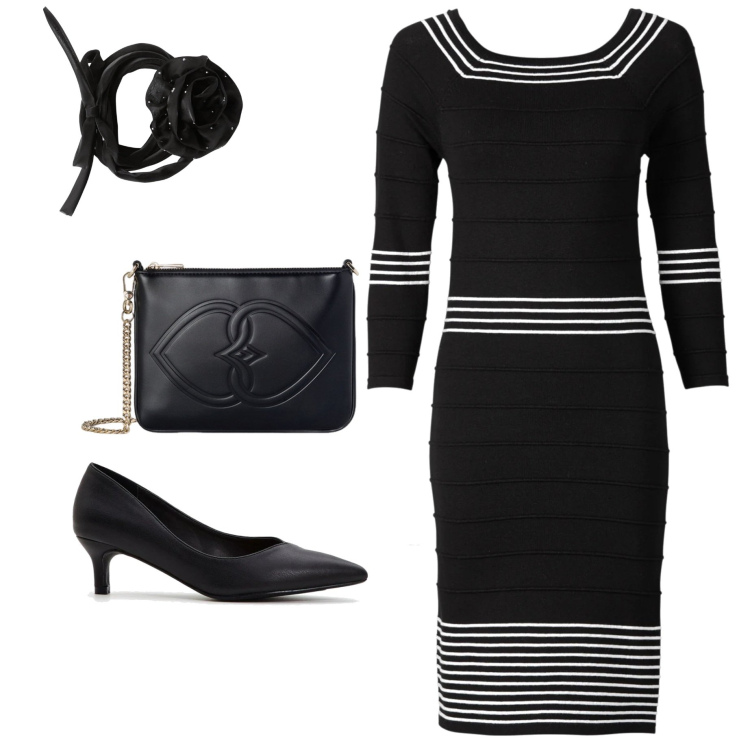 Outfit donna - Serata fuori. Stile Chic per Serata fuori. Abbinamento con vestiti, décolleté, collane, pochette.