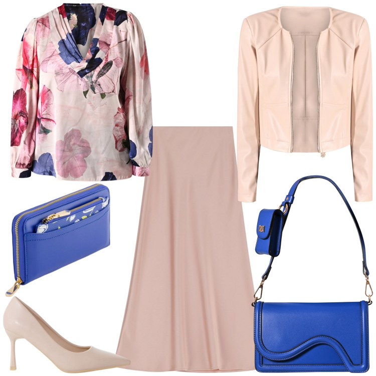 Outfit donna - Gonna a trapezio e bluse leggere. Stile Chic per Tutti i giorni. Abbinamento con gonne lunghe, décolleté, bluse, giacche, pochette, portafogli.