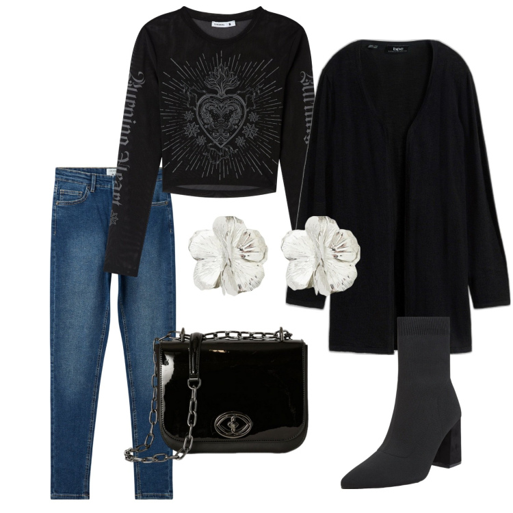 Outfit donna - Total look #2112361. Stile Rock per Tutti i giorni. Abbinamento con cardigans, t-shirt, jeans skinny, stivaletti, orecchini, borse a tracolla.