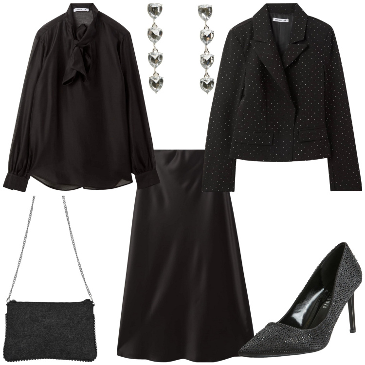 Outfit donna - Gonna a trapezio e bluse leggere. Stile Chic per Serata fuori. Abbinamento con blazer, bluse, gonne lunghe, décolleté, orecchini, borse a tracolla.