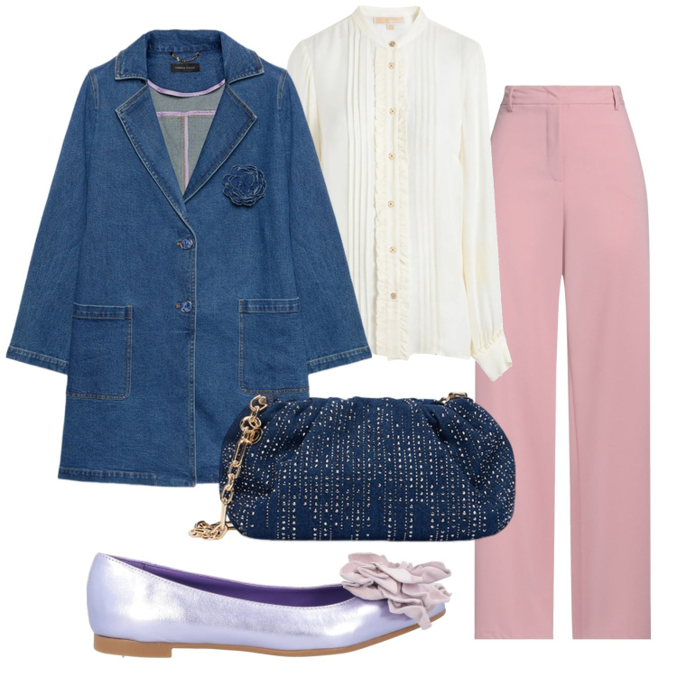 Outfit donna - Soprabito in denim. Stile Bon Ton per Tutti i giorni. Abbinamento con camicie, ballerine, pantaloni, trench, clutch.
