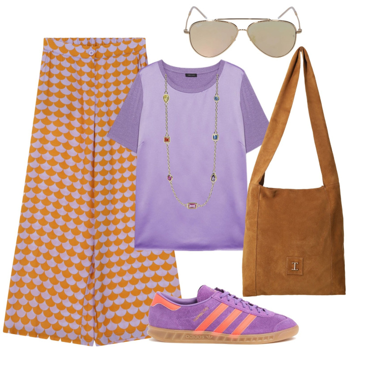 Outfit donna - Sporty chic. Stile Sporty chic per Tutti i giorni. Abbinamento con collane, borse a tracolla, pantaloni a palazzo, t-shirt, occhiali da sole, sneakers.