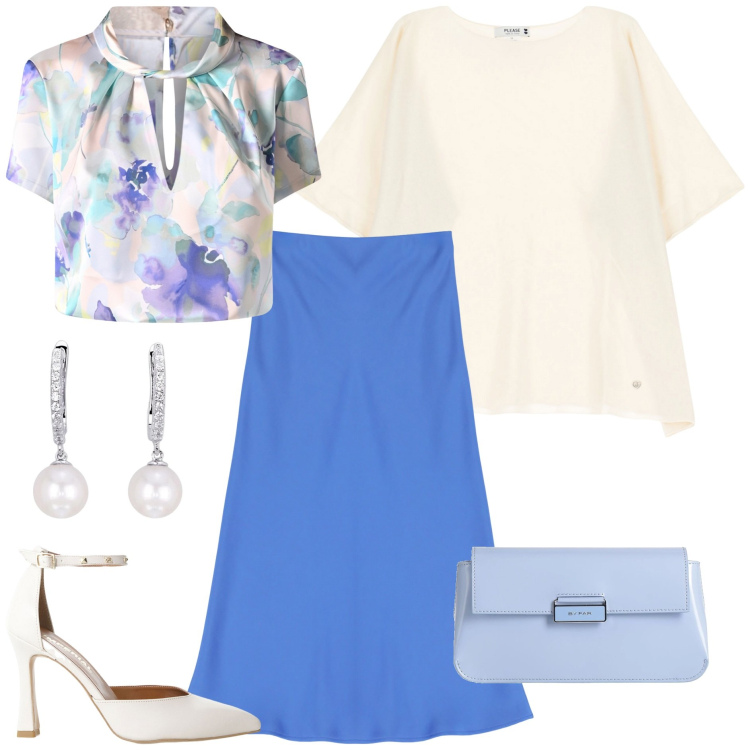 Outfit donna - Gonna a trapezio e bluse leggere. Stile Bon Ton per Cerimonia. Abbinamento con borse a mano, orecchini, bluse, maglieria, gonne longuette, décolleté.