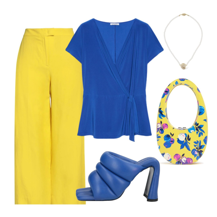 Outfit donna - Giallo e blu. Stile Casual chic per Tutti i giorni. Abbinamento con sandali in pelle, pantaloni, bluse, collane, borse a mano.