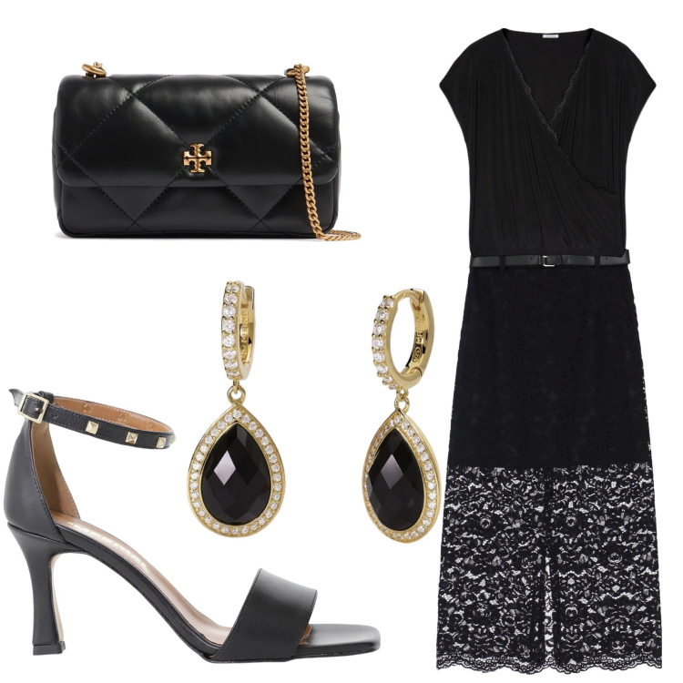 Outfit donna - A cena fuori. Stile Glamour per Serata fuori. Abbinamento con orecchini, gonne longuette, sandali col tacco, bluse, borse a spalla.