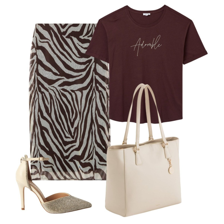 Outfit donna - La gonna animalier. Stile Casual chic per Tutti i giorni. Abbinamento con gonne lunghe, décolleté, t-shirt, shopping bag.